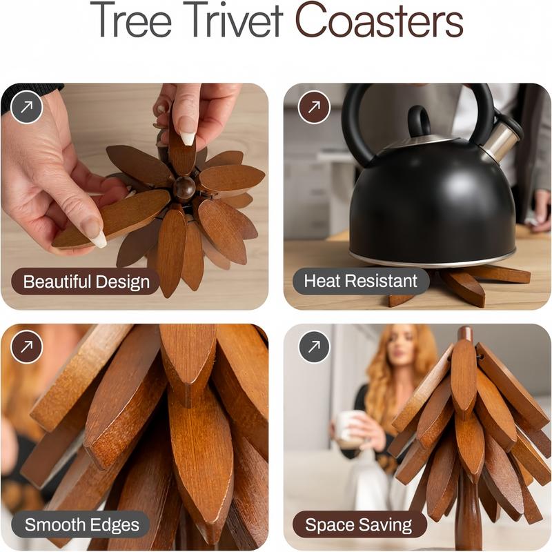 Natural Tree Trivet Set- 4 Trivets & 1 Stand - Heat-Resistant Foldable Design