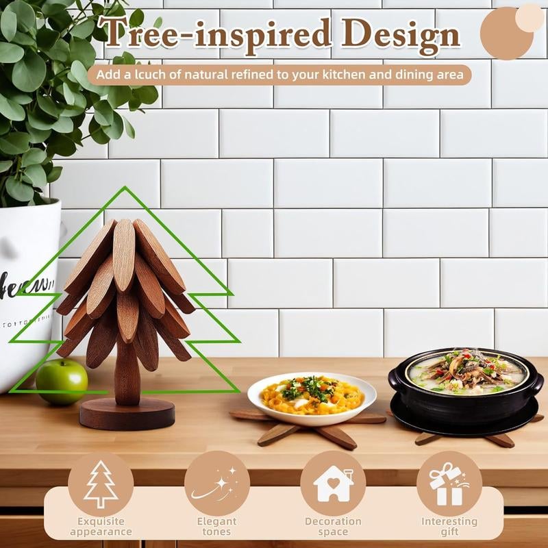 Natural Tree Trivet Set- 4 Trivets & 1 Stand - Heat-Resistant Foldable Design