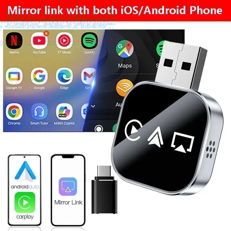 2026 Upgrade 3 in 1 Screen Mirror Link with iOS/Android Phone, wired to wireless Carplay adapter