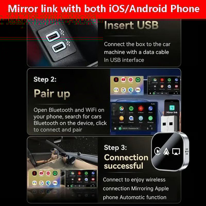 2026 Upgrade 3 in 1 Screen Mirror Link with iOS/Android Phone, wired to wireless Carplay adapter