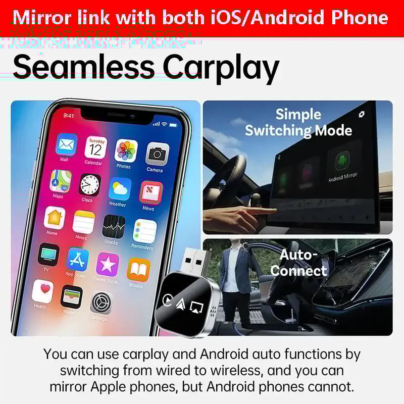 2026 Upgrade 3 in 1 Screen Mirror Link with iOS/Android Phone, wired to wireless Carplay adapter