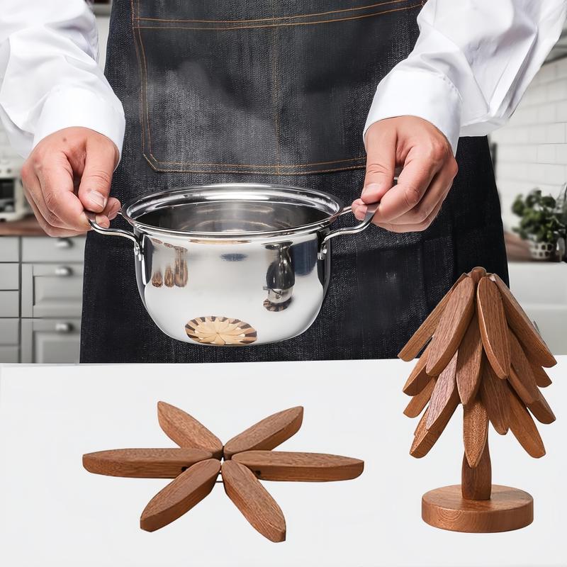 Natural Tree Trivet Set- 4 Trivets & 1 Stand - Heat-Resistant Foldable Design