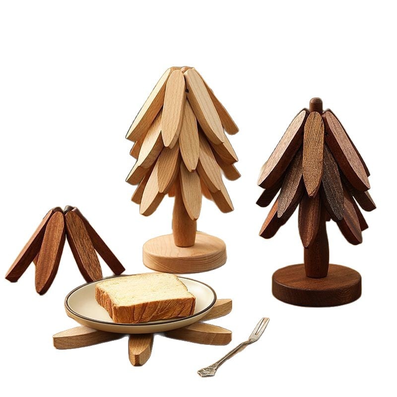Natural Tree Trivet Set- 4 Trivets & 1 Stand - Heat-Resistant Foldable Design