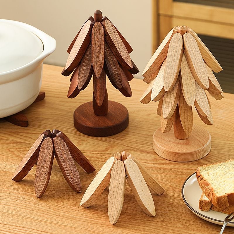 Natural Tree Trivet Set- 4 Trivets & 1 Stand - Heat-Resistant Foldable Design