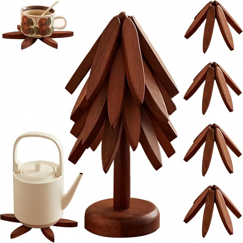 Natural Tree Trivet Set- 4 Trivets & 1 Stand - Heat-Resistant Foldable Design